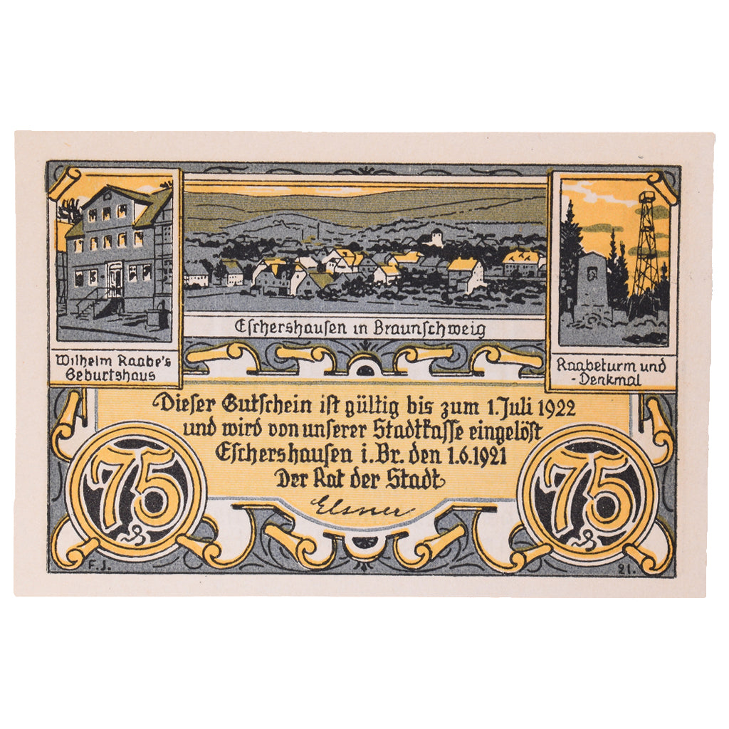 Banconote, Germania, Eschershausen, 75 Pfennig, monument 1, 1921, 1921-06-01