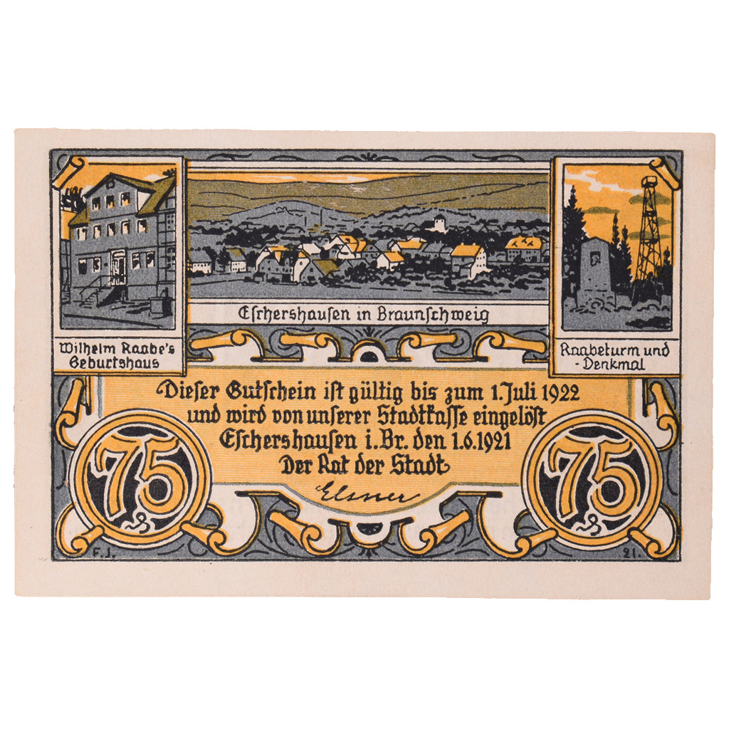 Banknot, Niemcy, Eschershausen, 75 Pfennig, monument 2, 1921, 1921-06-01