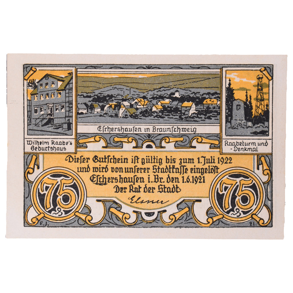 Geldschein, Deutschland, Eschershausen, 75 Pfennig, monument 3, 1921
