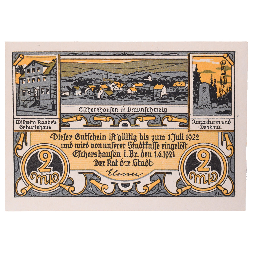 Geldschein, Deutschland, Eschershausen, 2 Mark, personnage 2, 1921, 1921-06-01