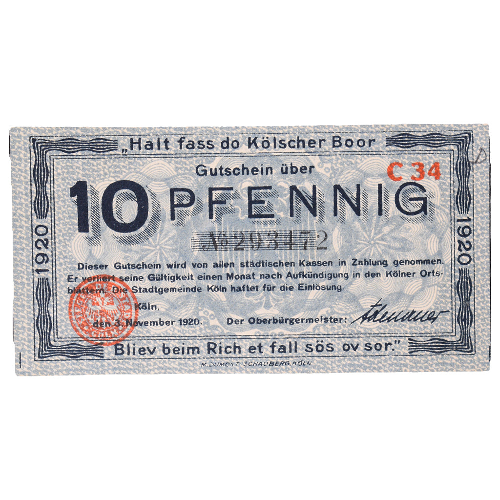 Banconote, Germania, Köln Stadt, 10 Pfennig, Eglise 1, 1921, 1920-05-01, SPL-