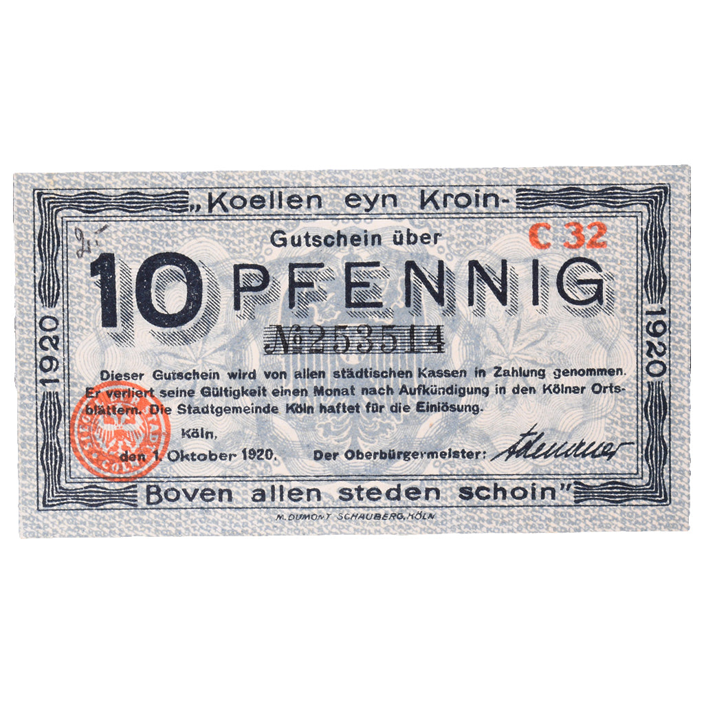 Banknot, Niemcy, Köln Stadt, 10 Pfennig, eglise 2, 1921, 1920-05-01, AU(55-58)
