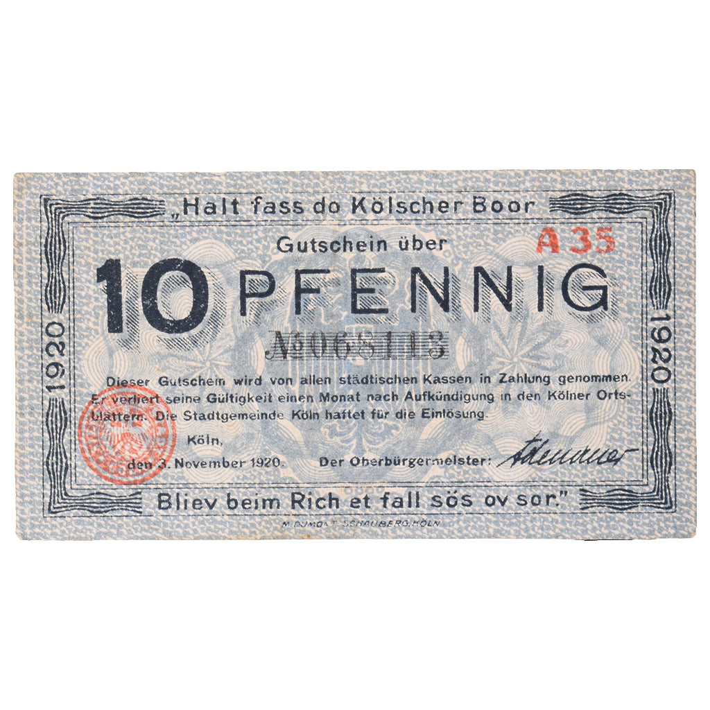 Banknot, Niemcy, Köln Stadt, 10 Pfennig, église 3, 1921, 1920-05-01