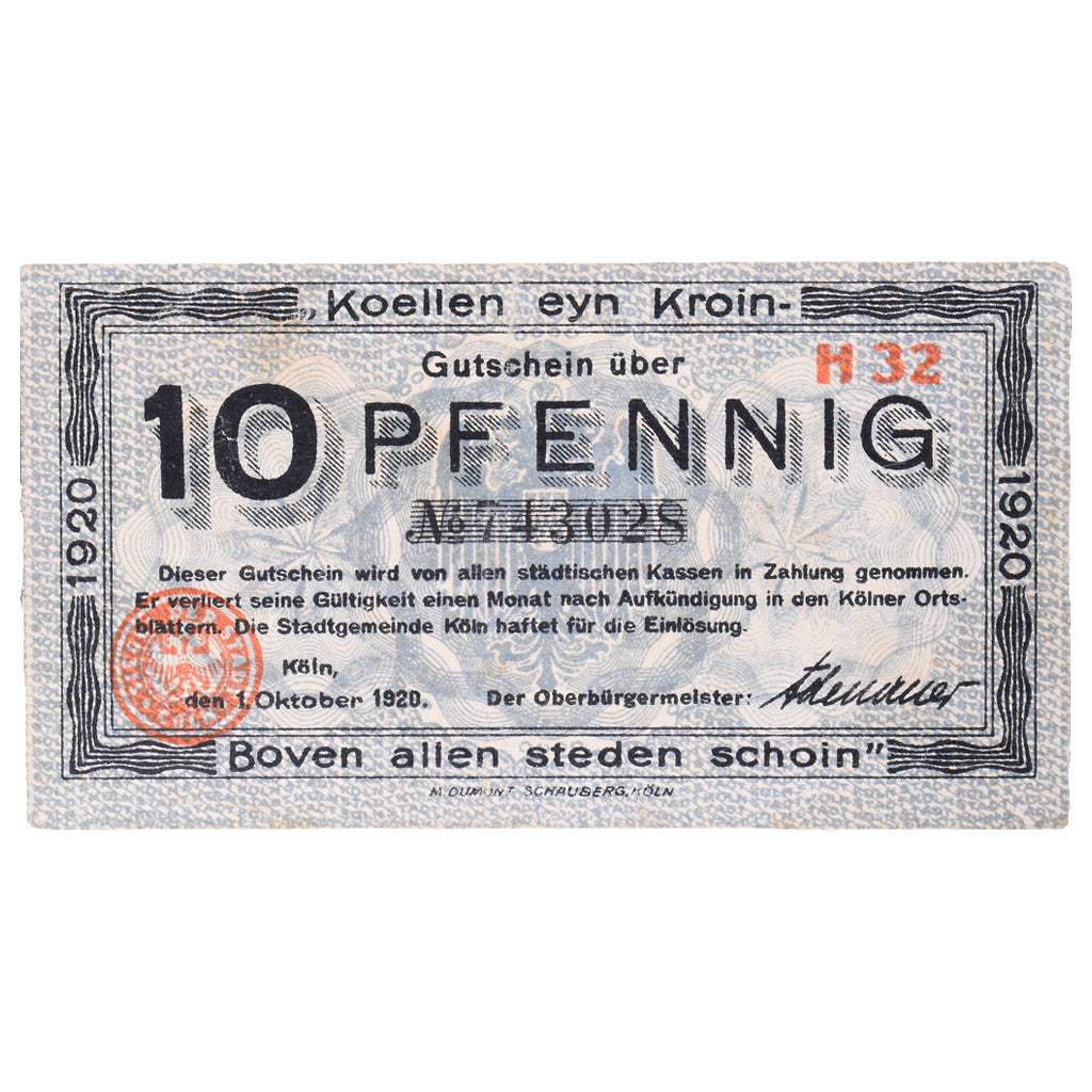 Banknot, Niemcy, Köln Stadt, 10 Pfennig, église 4, 1921, 1920-10-01