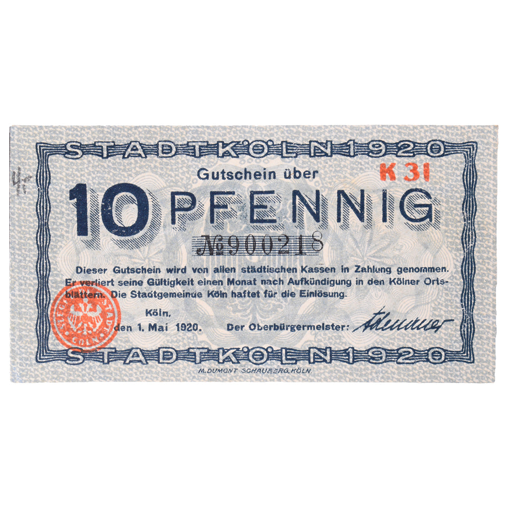 Banknot, Niemcy, Köln Stadt, 10 Pfennig, Eglise 5, 1921, 1920-05-01, AU(55-58)