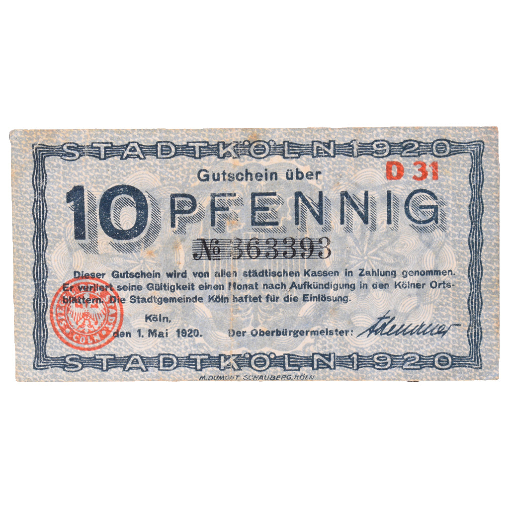 Banconote, Germania, Köln Stadt, 10 Pfennig, Eglise 7, 1921, 1920-05-01, SPL-