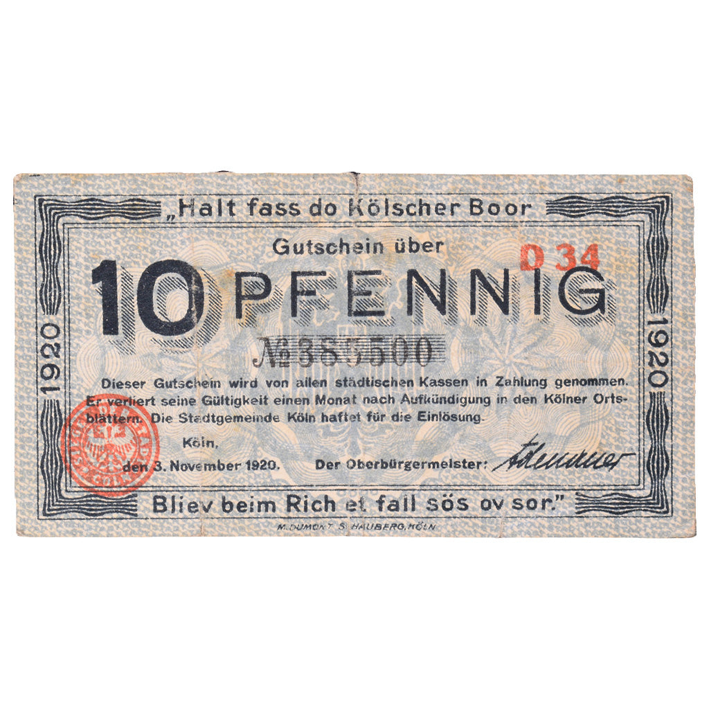 Banknot, Niemcy, Köln Stadt, 10 Pfennig, Eglise 8, 1921, 1920-11-01, AU(55-58)