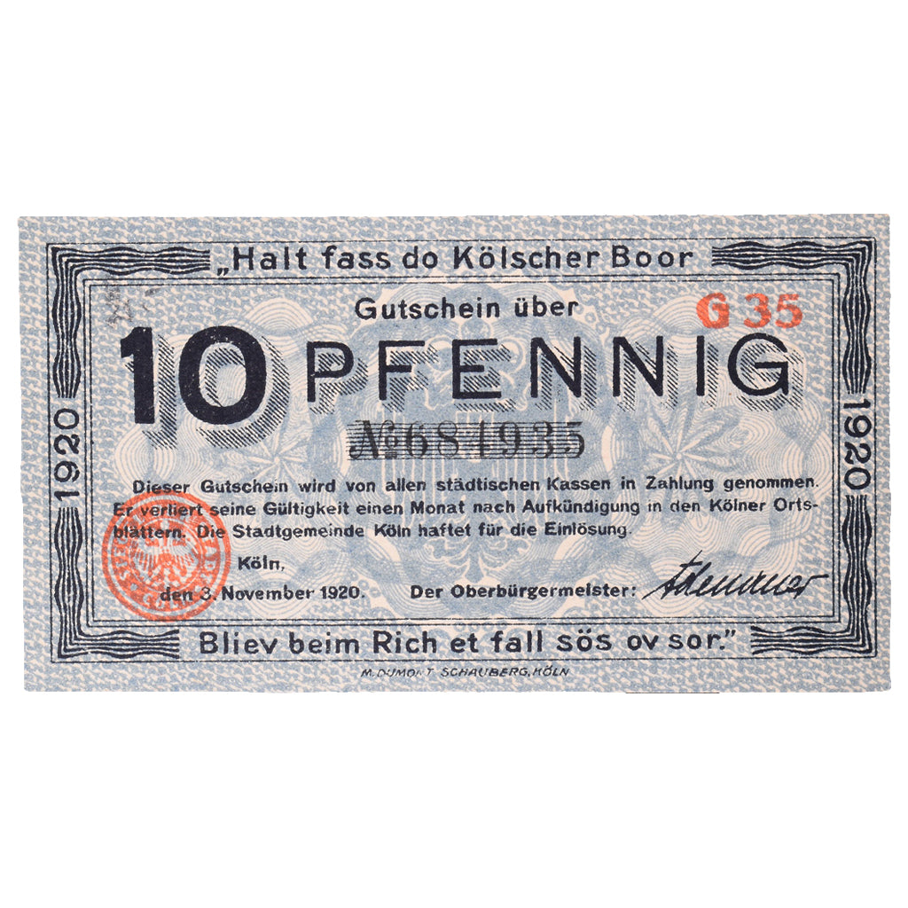 Banknot, Niemcy, Köln Stadt, 10 Pfennig, Eglise 9, 1921, 1920-11-01, AU(55-58)