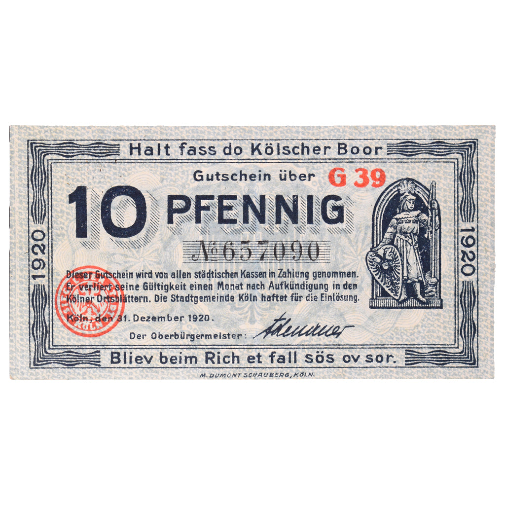 Banknot, Niemcy, Köln Stadt, 10 Pfennig, personnage 1, 1921, 1920-01-31