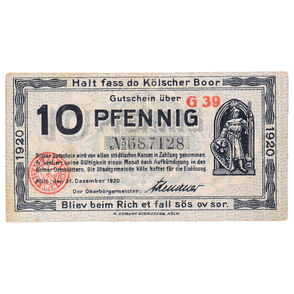 Banknot, Niemcy, Köln Stadt, 10 Pfennig, personnage 2, 1921, 1920-01-31