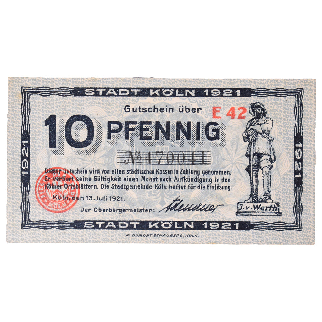 Banknot, Niemcy, Köln Stadt, 10 Pfennig, personnage 4, 1921, 1921-07-13