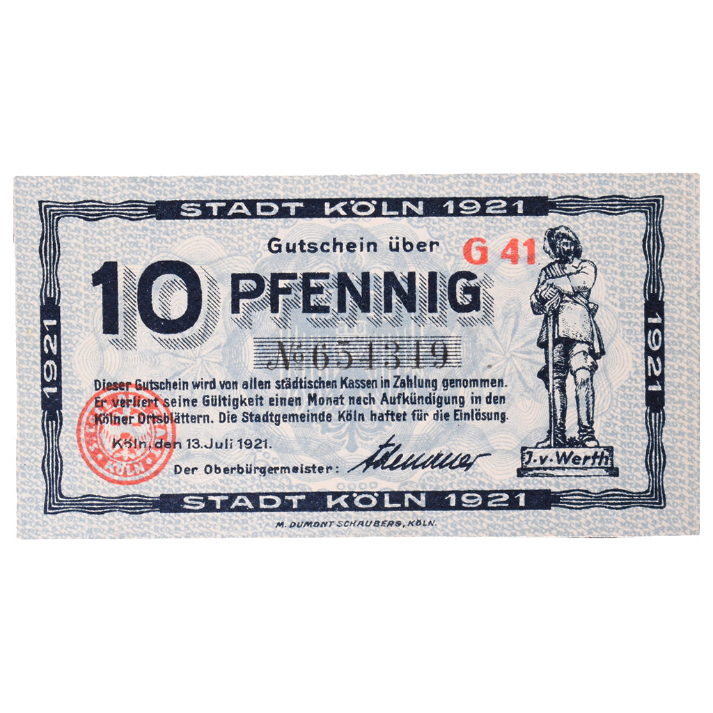 Banknot, Niemcy, Köln Stadt, 10 Pfennig, personnage 5, 1921, 1921-07-13