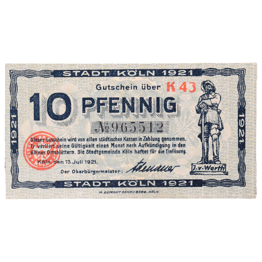 Banknot, Niemcy, Köln Stadt, 10 Pfennig, personnage 7, 1921, 1921-07-13