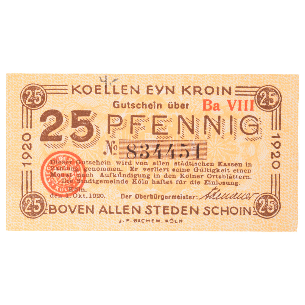 Banconote, Germania, Köln Stadt, 25 Pfennig, Eglise, 1920, 1920-10-01, SPL-