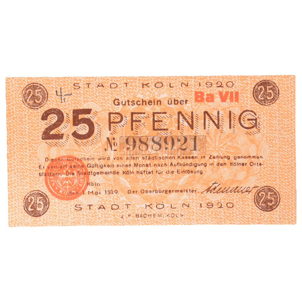 Banknot, Niemcy, Köln Stadt, 25 Pfennig, Eglise 1, 1920, 1920-10-01, AU(55-58)