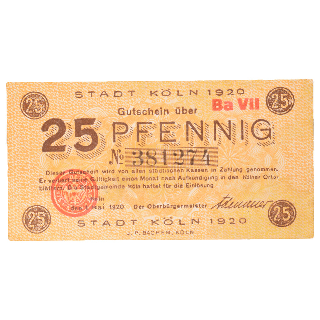 Banknot, Niemcy, Köln Stadt, 25 Pfennig, eglise 2, 1920, 1920-10-01, AU(55-58)