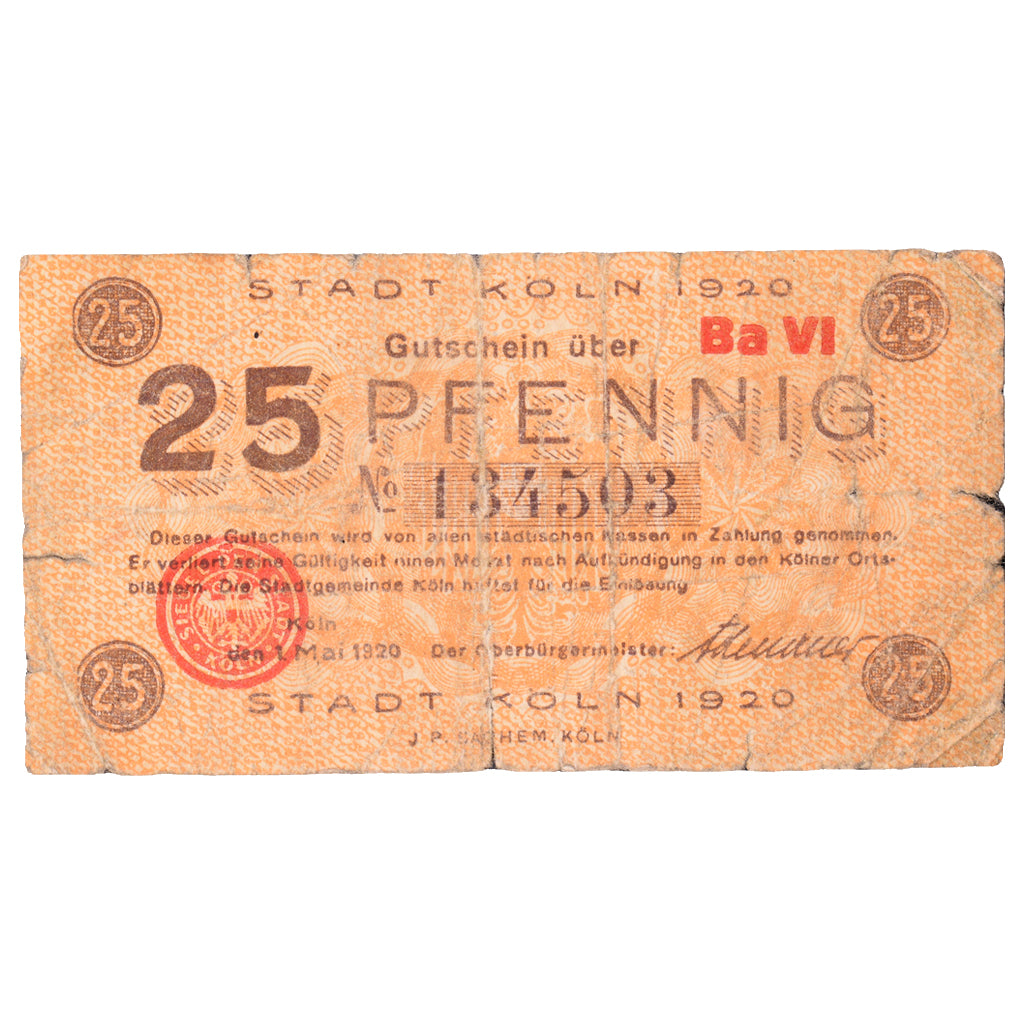 Banknot, Niemcy, Köln Stadt, 25 Pfennig, église 4, 1920, 1920-10-01