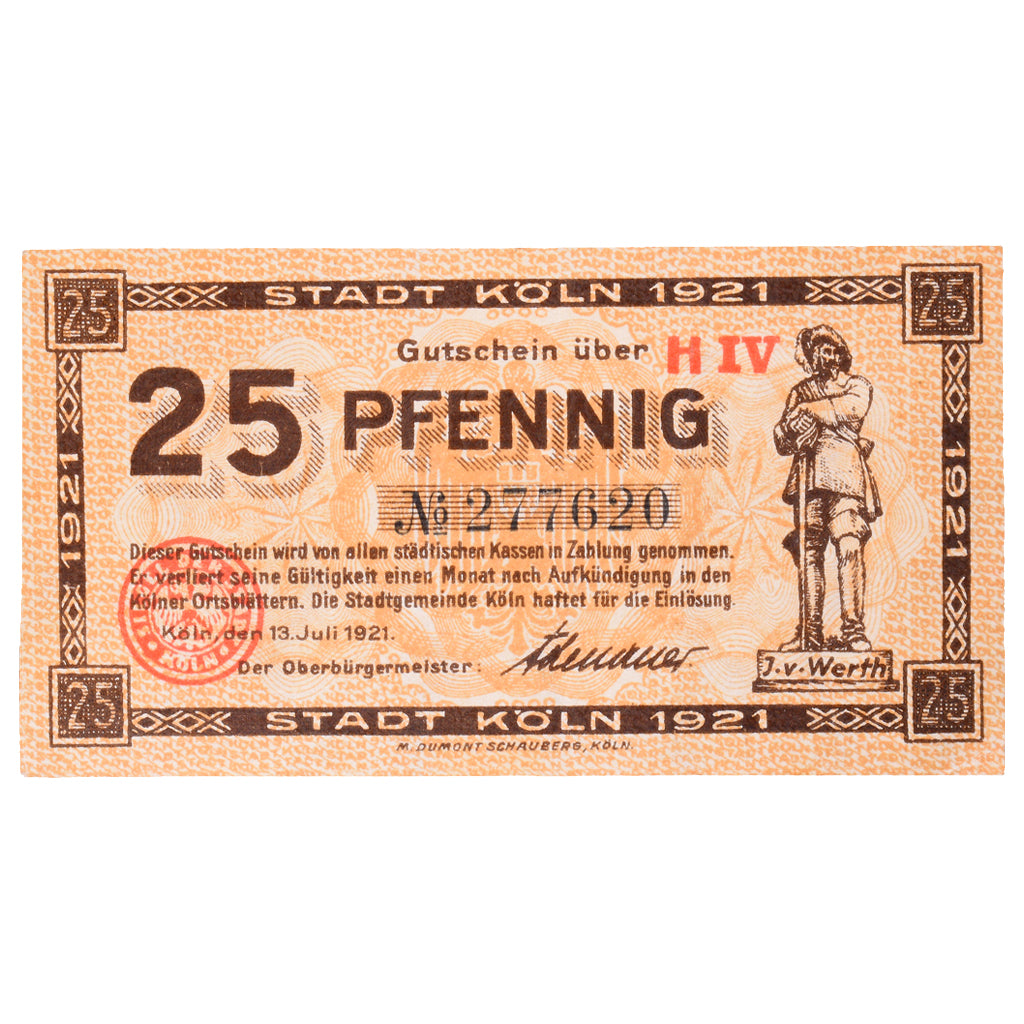 Geldschein, Deutschland, Köln Stadt, 25 Pfennig, personnage 2, 1920