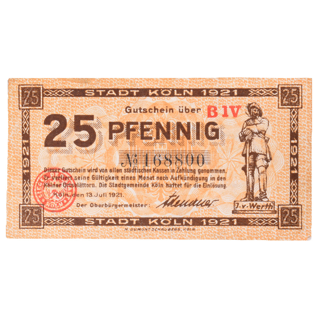 Geldschein, Deutschland, Köln Stadt, 25 Pfennig, personnage 5, 1920