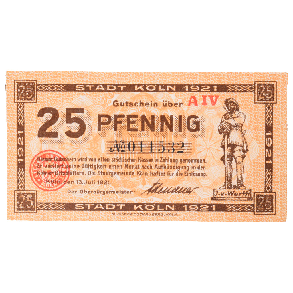 Geldschein, Deutschland, Köln Stadt, 25 Pfennig, personnage 6, 1920