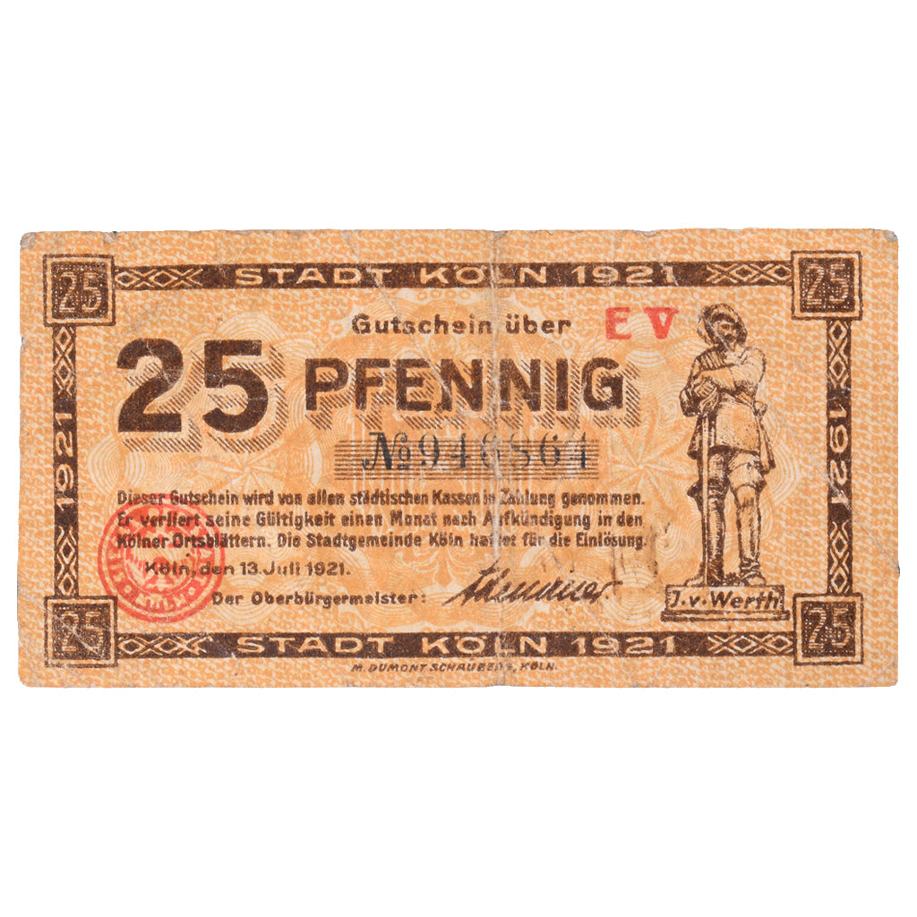 Banknot, Niemcy, Köln Stadt, 25 Pfennig, personnage 7, 1920, 1921-07-13