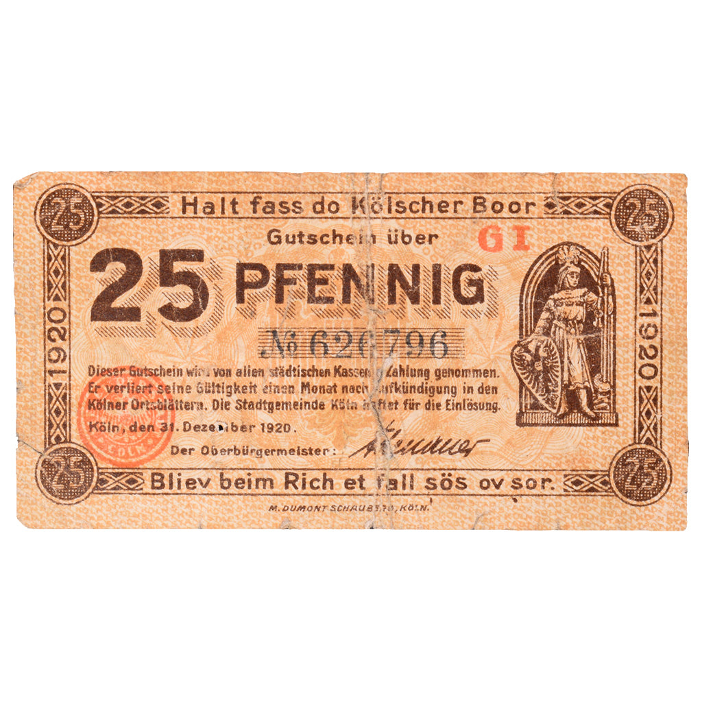 Banknot, Niemcy, Köln Stadt, 25 Pfennig, personnage 8, 1920, 1921-07-13