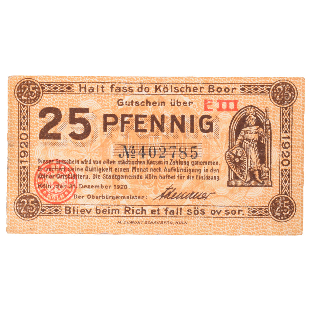 Banknot, Niemcy, Köln Stadt, 25 Pfennig, personnage 9, 1920, 1921-07-13