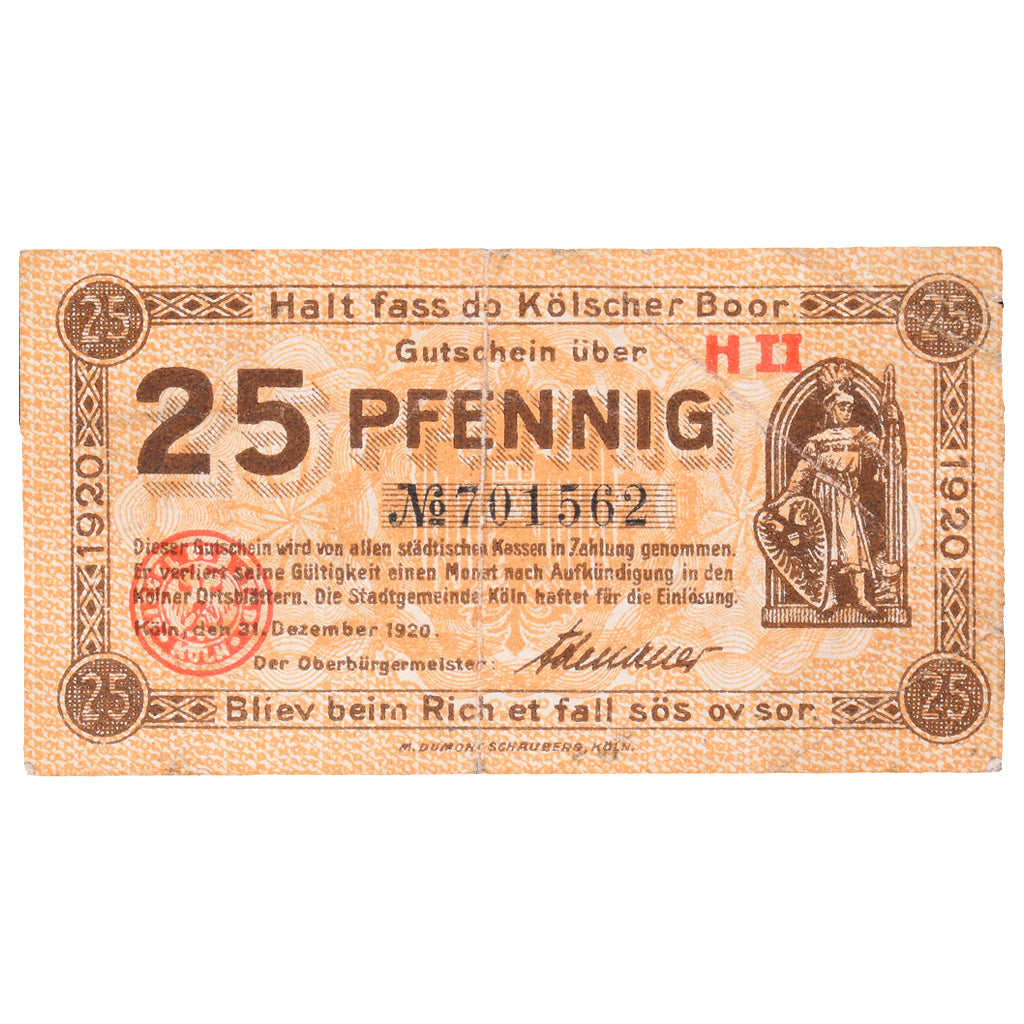 Banknot, Niemcy, Köln Stadt, 25 Pfennig, personnage 10, 1920, 1920-12-31