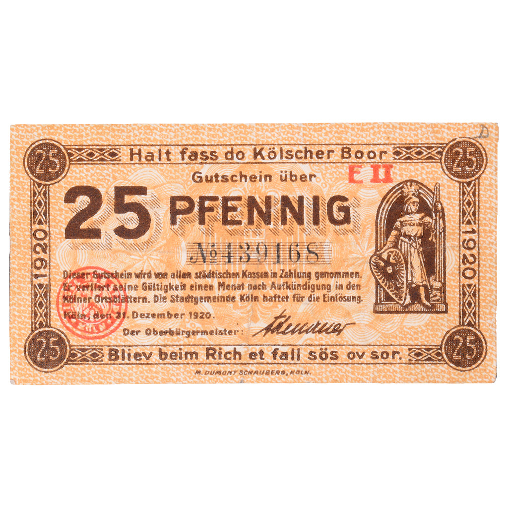 Geldschein, Deutschland, Köln Stadt, 25 Pfennig, personnage 1, 1920