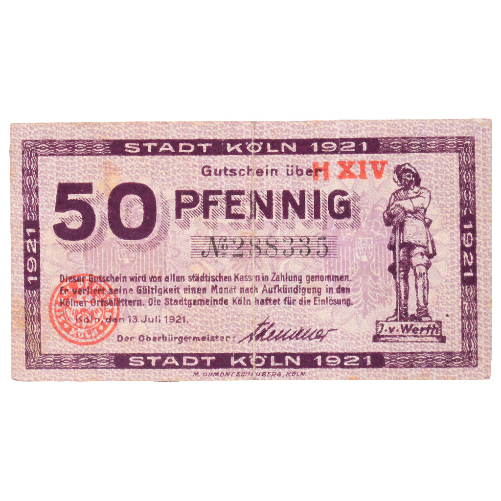 Banknot, Niemcy, Köln Stadt, 50 Pfennig, personnage 5, 1920, 1921-07-13