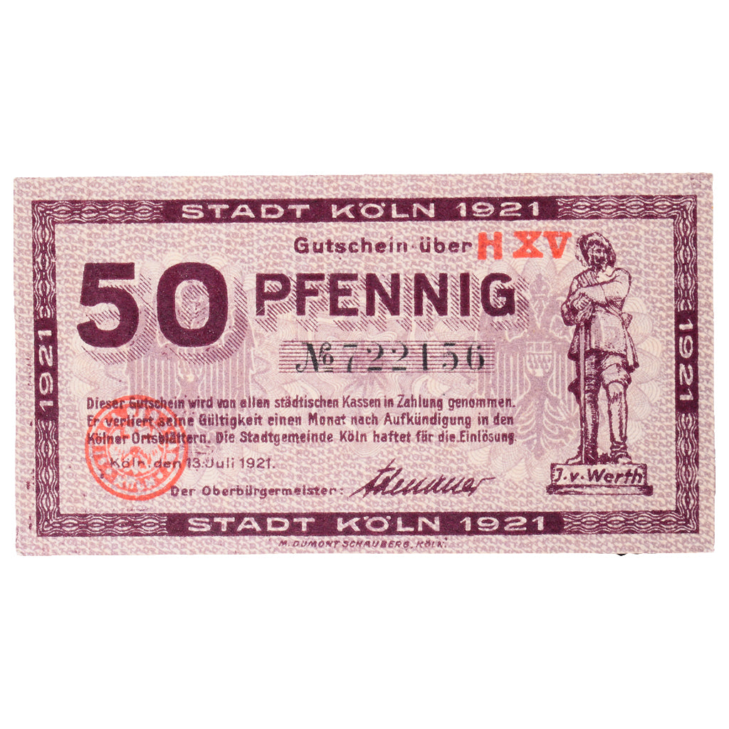 Banknot, Niemcy, Köln Stadt, 50 Pfennig, personnage 6, 1920, 1921-07-13