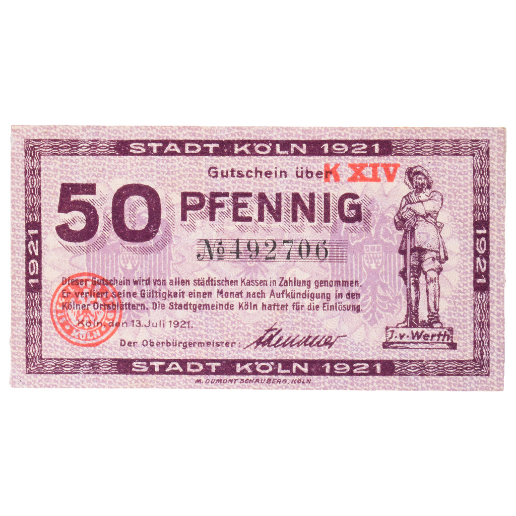 Geldschein, Deutschland, Köln Stadt, 50 Pfennig, personnage 7, 1920