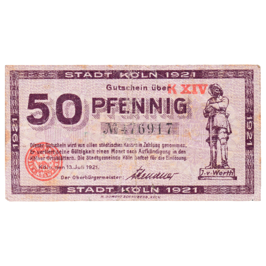 Banconote, Germania, Köln Stadt, 50 Pfennig, personnage 8, 1920, 1921-07-13