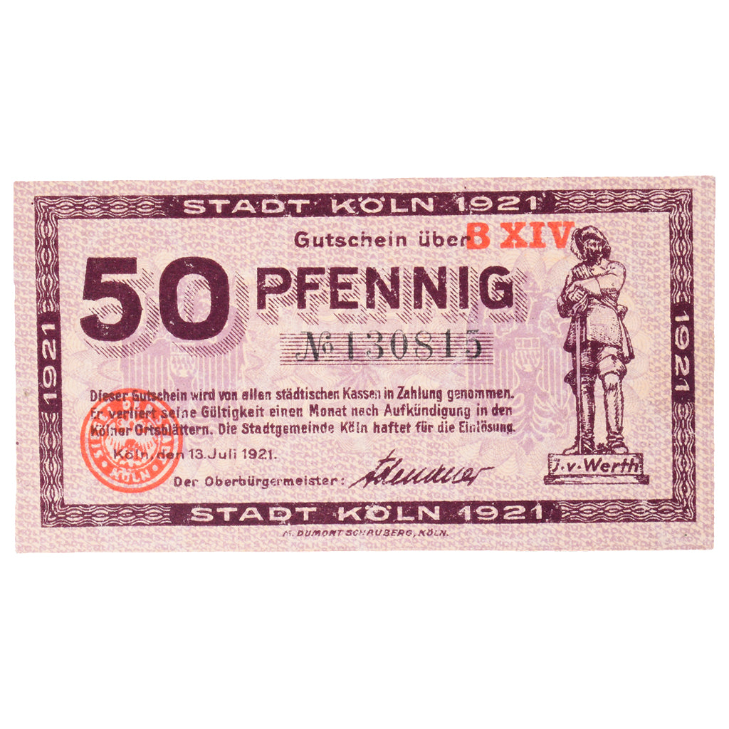Banknot, Niemcy, Köln Stadt, 50 Pfennig, personnage 9, 1920, 1921-07-13