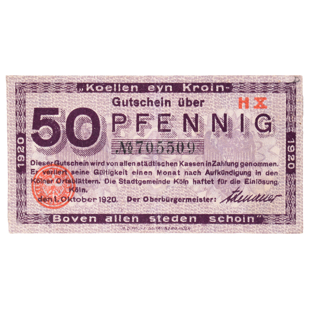 Banknot, Niemcy, Köln Stadt, 50 Pfennig, Eglise, 1920, 1920-10-01, AU(55-58)