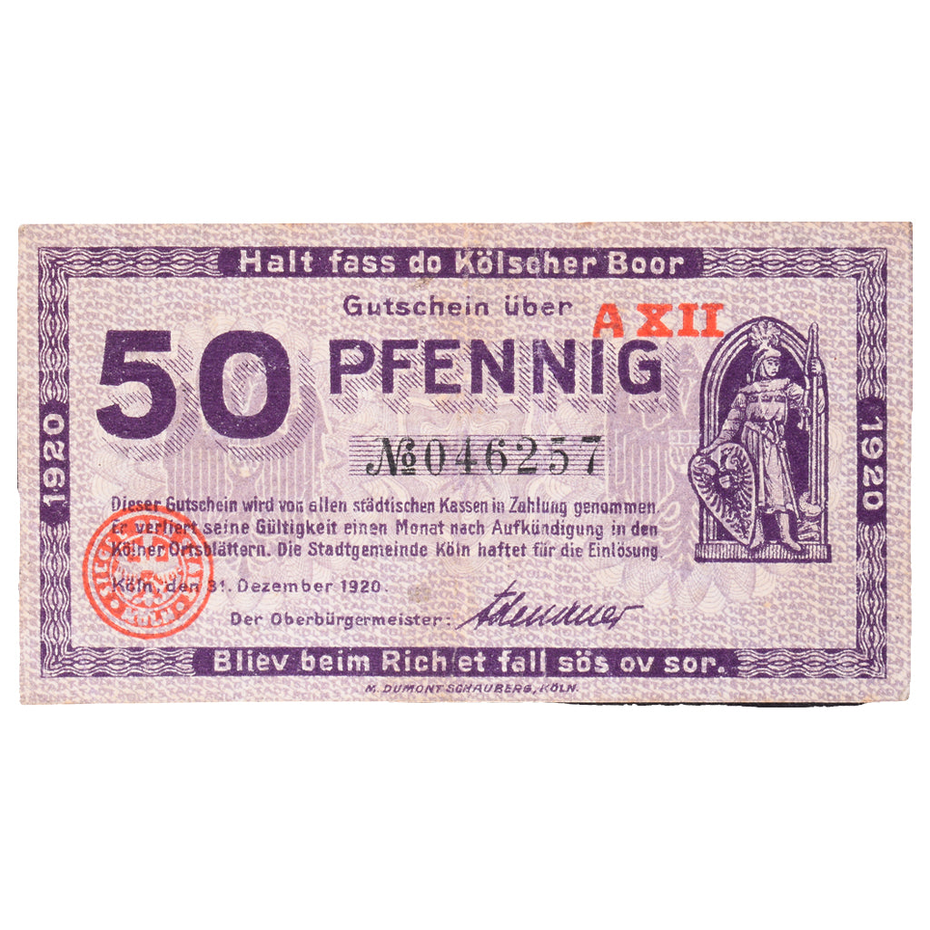 Banconote, Germania, Köln Stadt, 50 Pfennig, eglise 2, 1920, 1920-10-01, SPL-