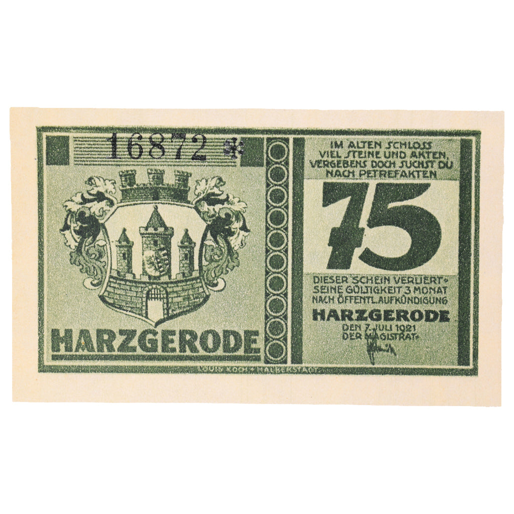 Banknot, Niemcy, Harzgerode Stadt, 75 Pfennig, paysage, 1921, 1921-07-07