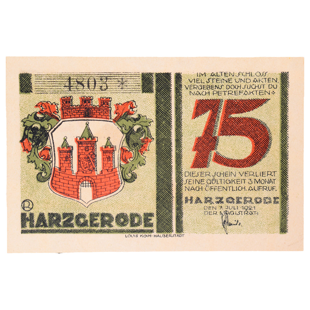 Banknot, Niemcy, Harzgerode Stadt, 75 Pfennig, paysage 1, 1921, 1921-07-07