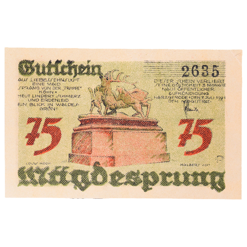 Geldschein, Deutschland, Harzgerode Stadt, 75 Pfennig, paysage, 1921
