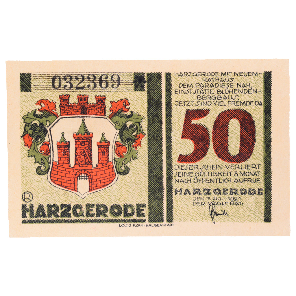 Banknot, Niemcy, Harzgerode Stadt, 50 Pfennig, village, 1921, 1921-07-07