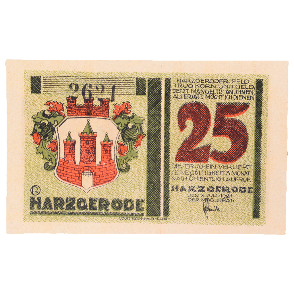 Banknot, Niemcy, Harzgerode Stadt, 25 Pfennig, village, 1921, 1921-07-07