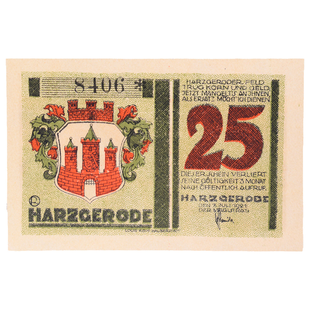 Banknot, Niemcy, Harzgerode Stadt, 25 Pfennig, village 1, 1921, 1921-07-07
