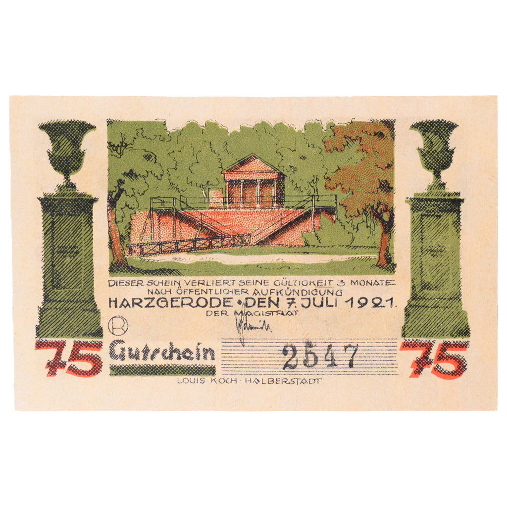 Geldschein, Deutschland, Harzgerode Stadt, 75 Pfennig, village, 1921