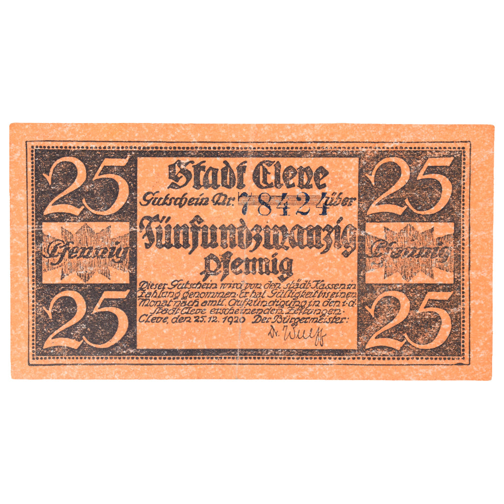 Geldschein, Deutschland, Cleve Stadt, 25 Pfennig, valeur faciale, 1922