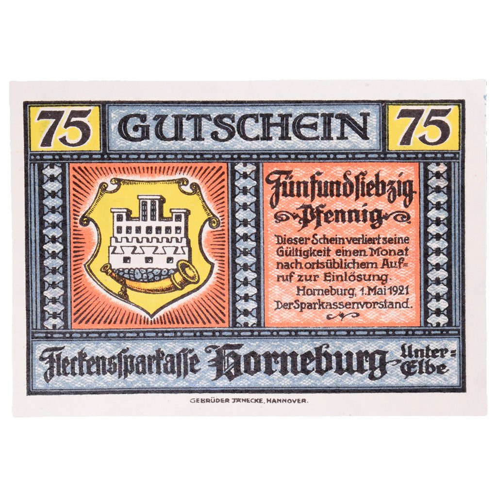 Banknot, Niemcy, Horneburg, 75 Pfennig, rue 1, 1921, 1921-05-01, UNC(63)