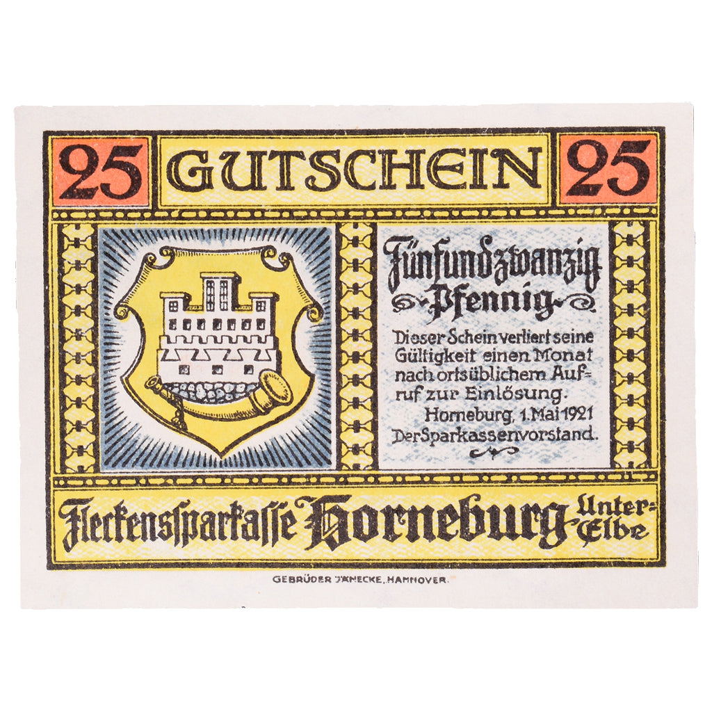 Banknot, Niemcy, Horneburg, 25 Pfennig, maison 1, 1921, 1921-05-01, UNC(63)
