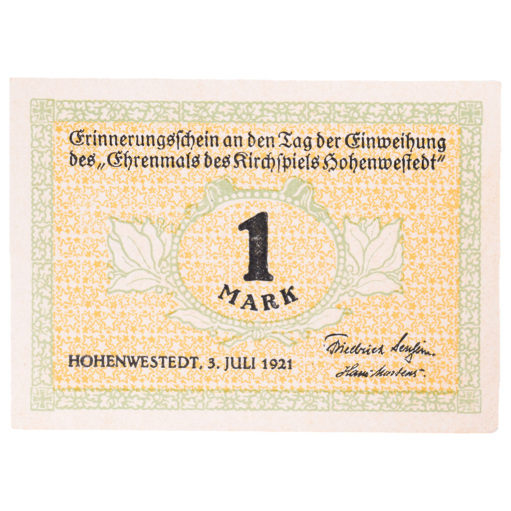Banknot, Niemcy, Hohenwestedt, 1 Mark, rempart, 1921, 1921-07-03, AU(55-58)