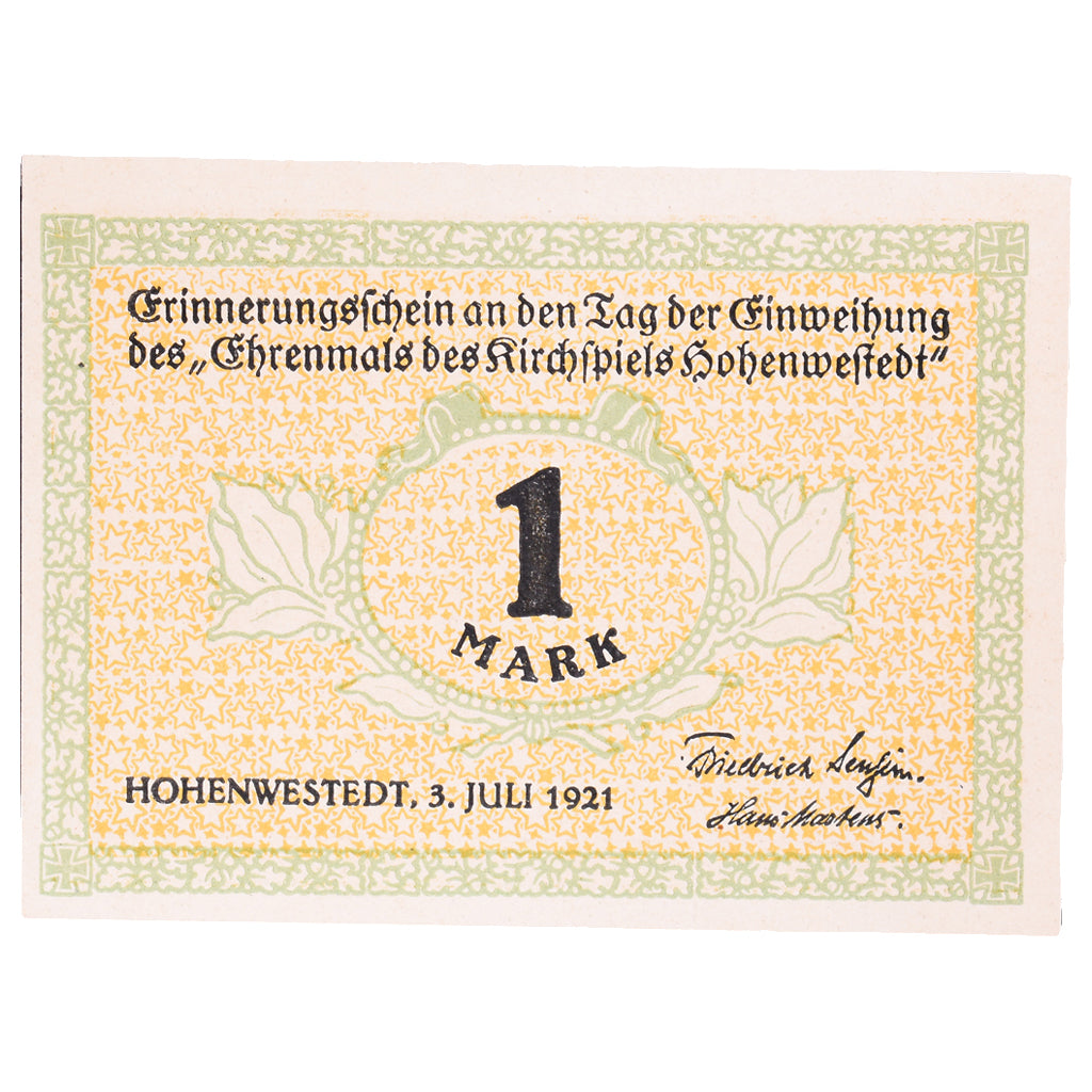 Geldschein, Deutschland, Hohenwestedt, 1 Mark, rempart 2, 1921, 1921-07-03, VZ