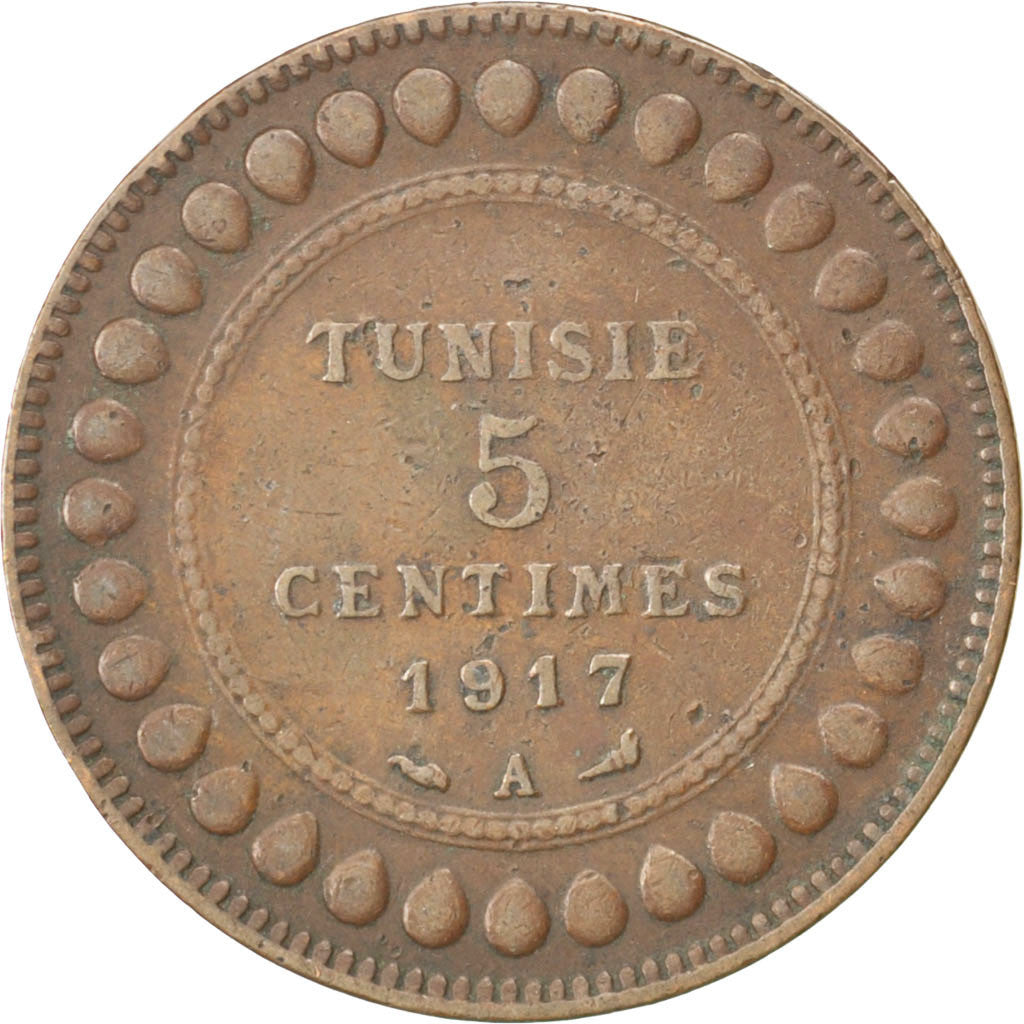 Tunisia, Muhammad al-Nasir Bey, 5 Centimes, 1917, Paris, Bronze, EF(40-45)