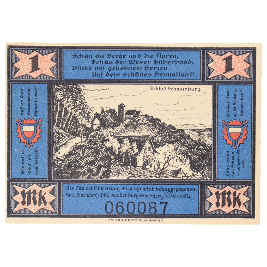 Banconote, Germania, Hess-Oldendorf, 1 Mark, château, 1920, 1920-12-31, SPL